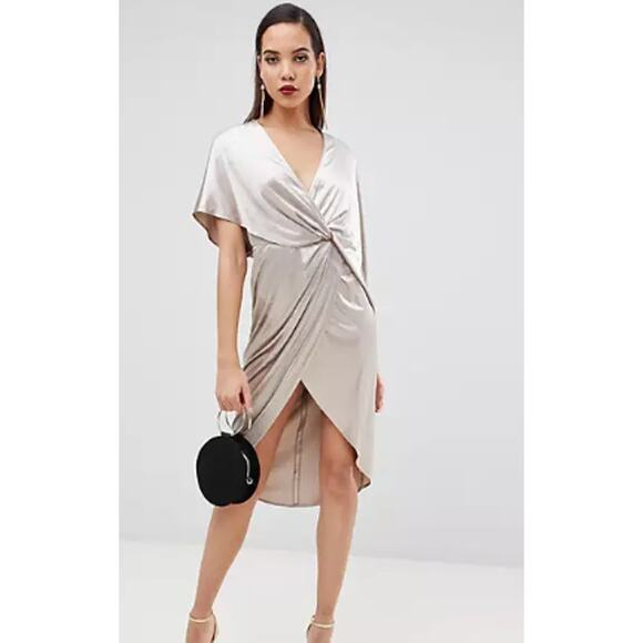 ASOS Dresses & Skirts - ASOS Twist Drape Velvet Midi Dress Women's Sz 6 Asymmetric Kimono Sleeve Wedding